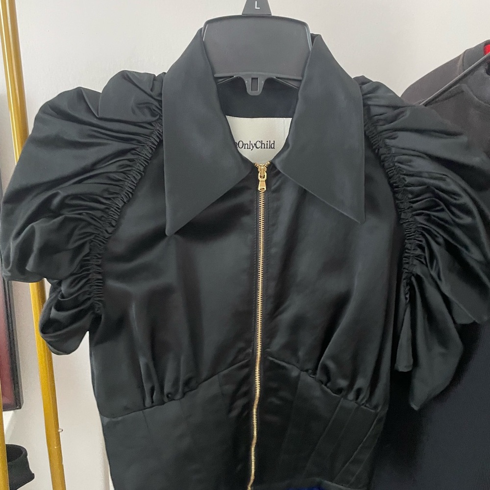 An Only Child Black Satin Blazer with Ruched Sleeves